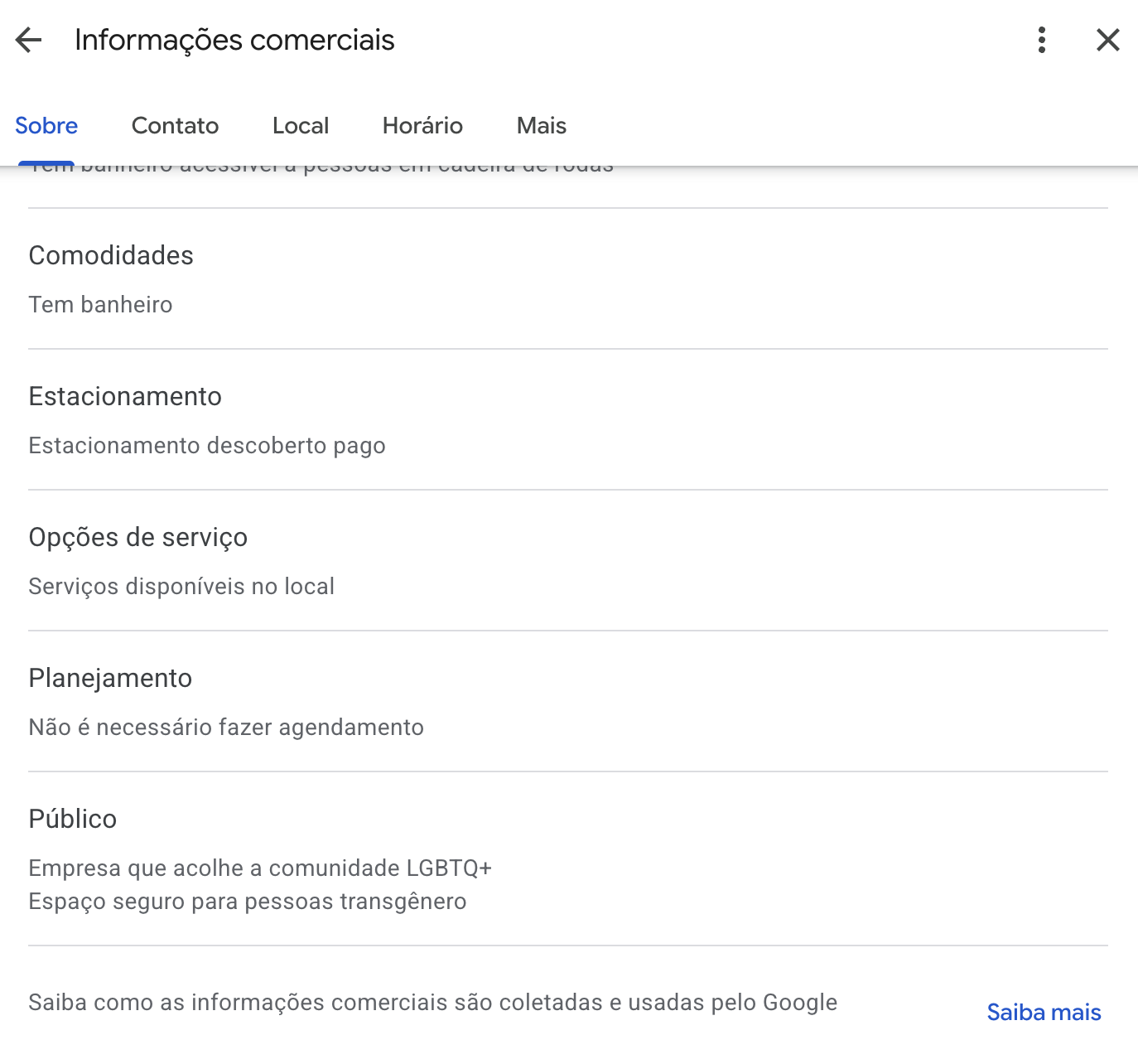 Tela de informações comerciais do Google Meu Negócio: comodidades, estacionamento, opções de serviço e público