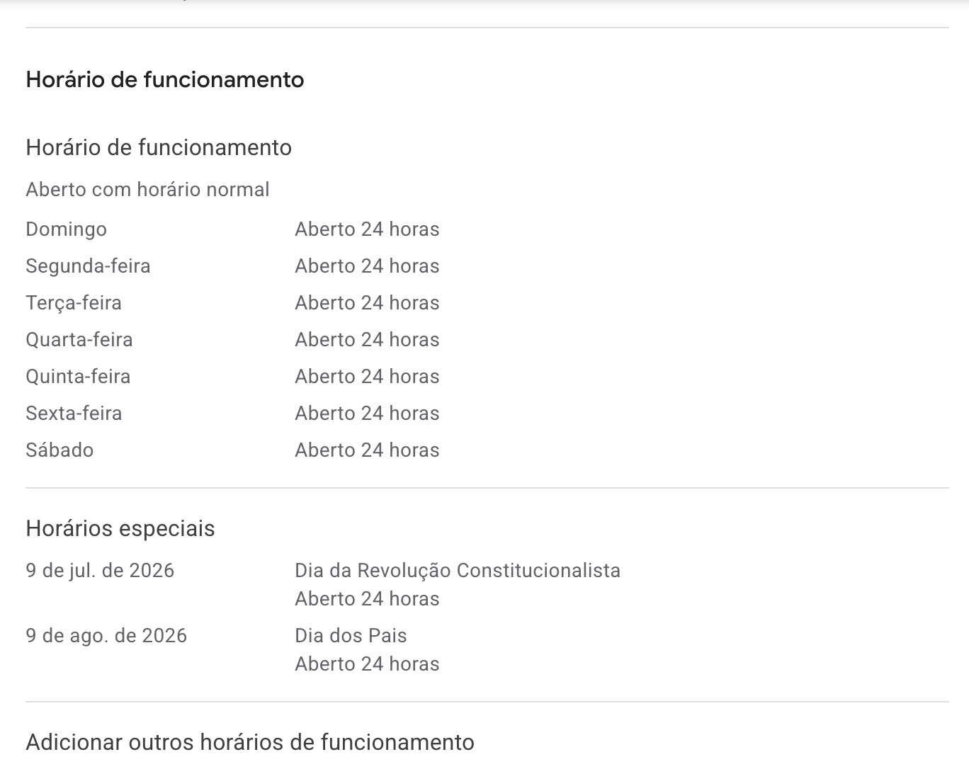 Tela de horário de funcionamento e horários especiais do Google Meu Negócio