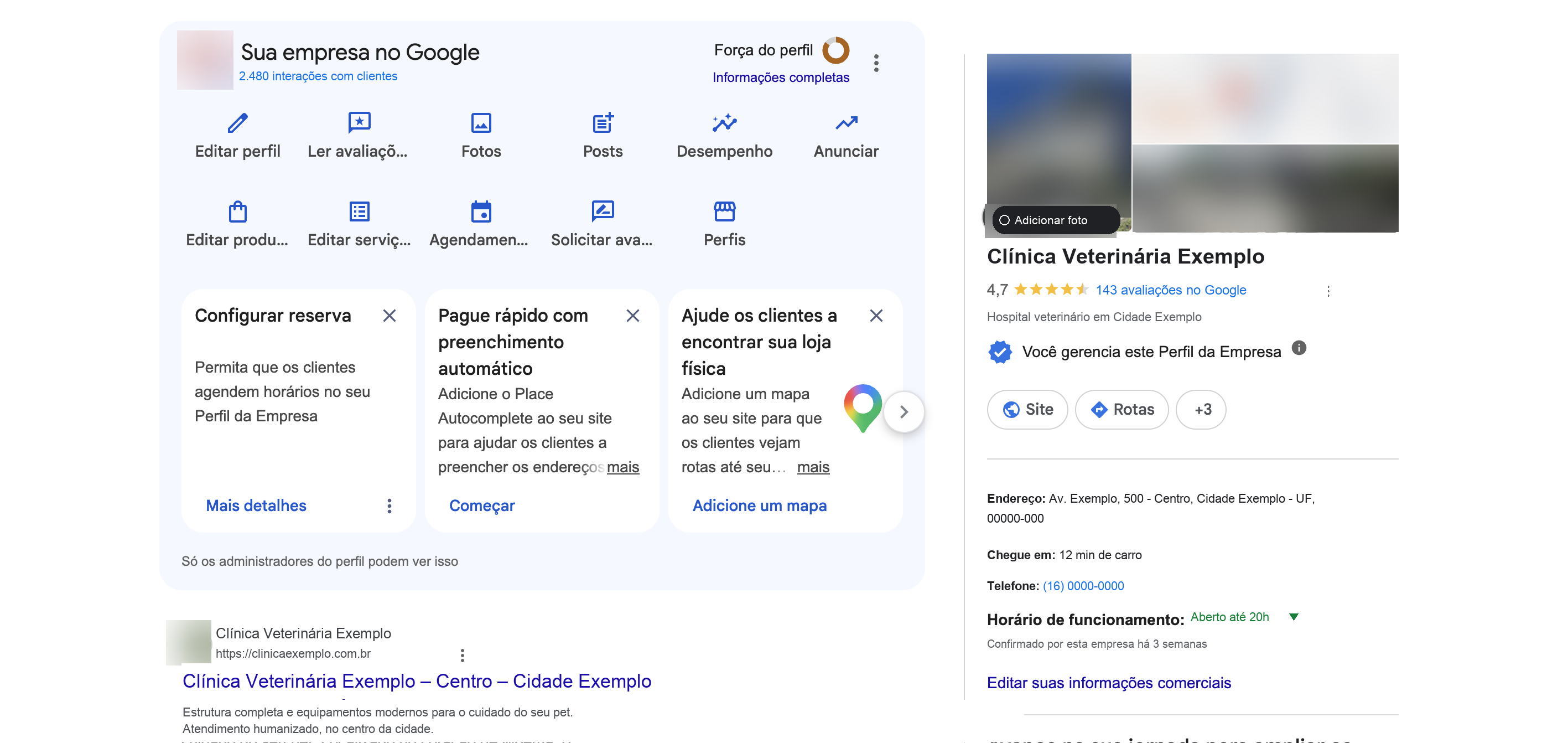 Painel "Sua empresa no Google" e ficha do Google Meu Negócio, com dados fictícios